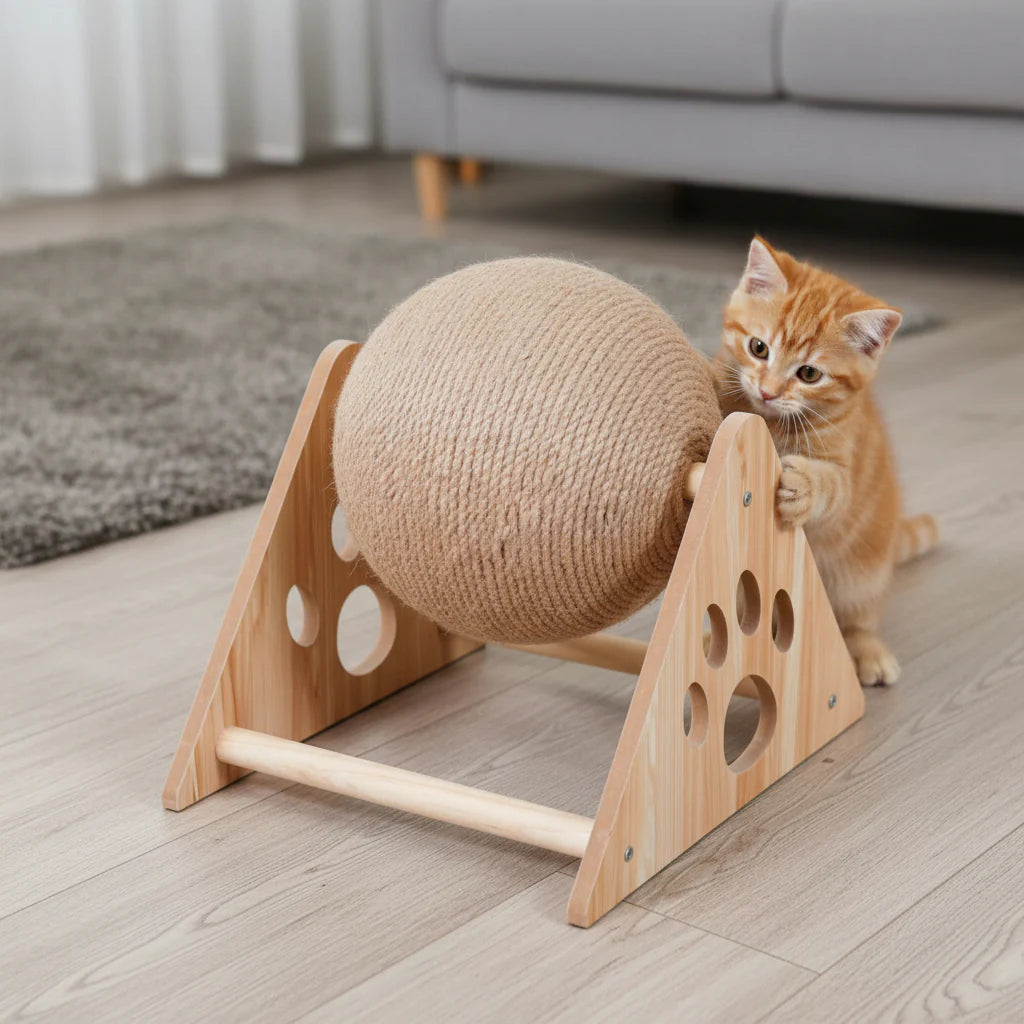 Rascador giratorio para gato con base de madera (esfera)